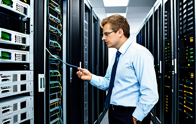A professional network engineer in a modest business casual outfit, meticulously managing network devices in a modern, well-lit data center. The scene showcases a blend of traditional rack servers, cabling, and advanced virtualization infrastructure visible on multiple monitors, symbolizing the integration of old and new technologies. The engineer has a focused and calm expression. Perfect anatomy, correct proportions, natural pose, well-formed hands, proper finger count, natural body proportions. fully clothed, appropriate attire, safe for work, professional, high quality, studio lighting, detailed.