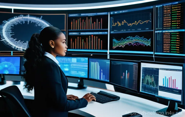 네트워크 자격증 중점 과목 분석 - **Prompt:** A highly stylized, futuristic data center interior. Instead of traditional server racks,...