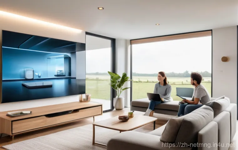 네트워크 장비 설치 가이드 - A brightly lit, modern smart home interior with seamless Wi-Fi coverage. A diverse family of four (t...