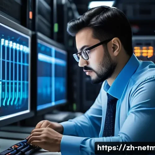 네트워크 관리자를 위한 면접 질문 - A modern network administrator working intensely in a high-tech data center filled with racks of Cis...