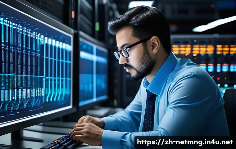 네트워크 관리자를 위한 면접 질문 - A modern network administrator working intensely in a high-tech data center filled with racks of Cis...