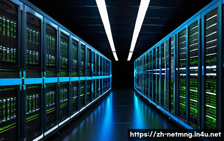 서버와 네트워크 간의 관계 이해 - A highly detailed data center server room featuring multiple high-performance servers with visible m...