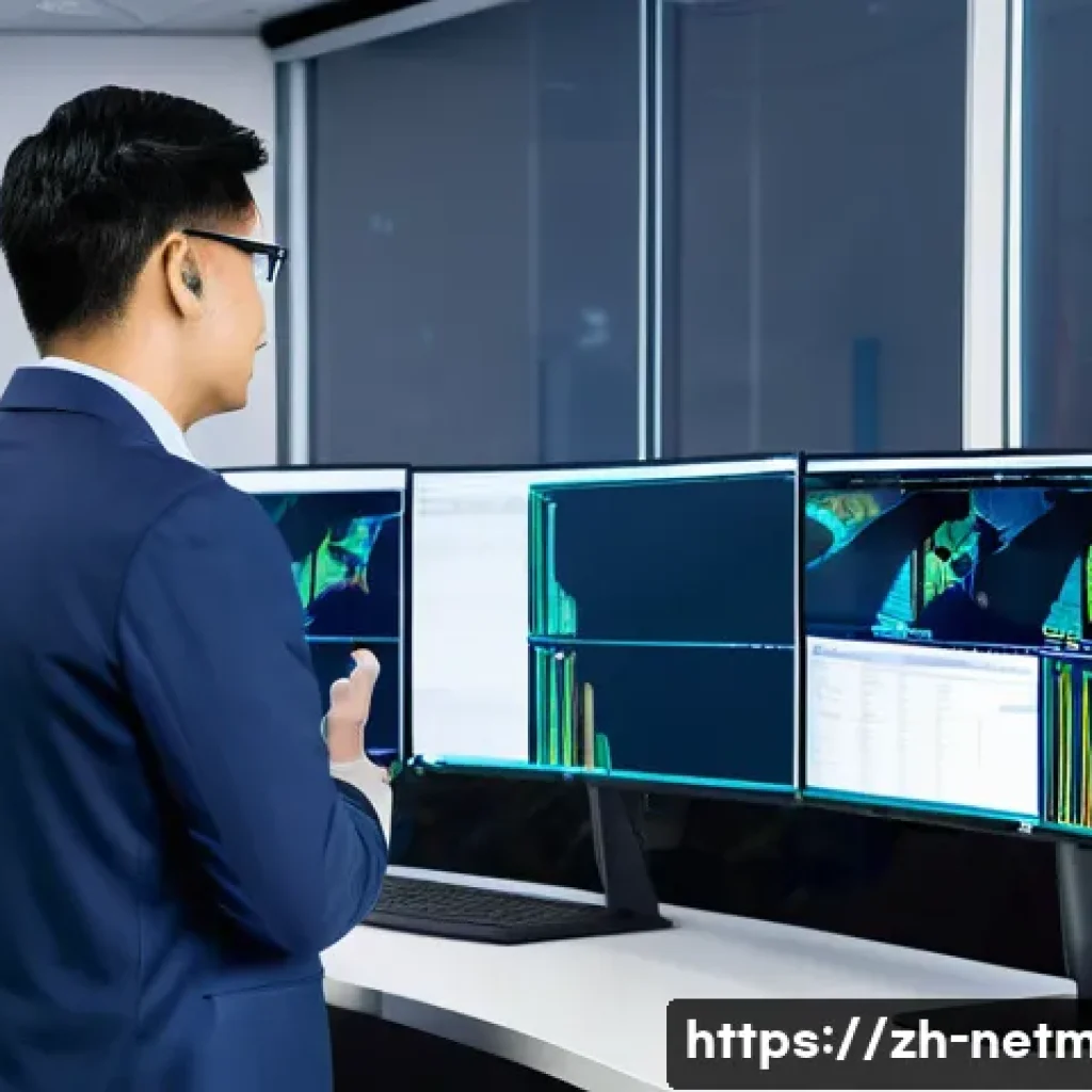 네트워크 관리자 취업 준비 팁 - A modern network administrator workspace with multiple large monitors displaying complex network top...