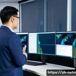 네트워크 관리자 취업 준비 팁 - A modern network administrator workspace with multiple large monitors displaying complex network top...