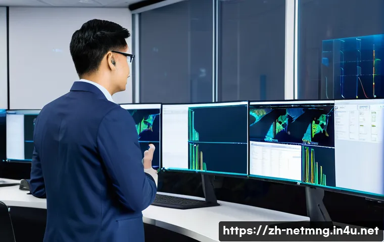 네트워크 관리자 취업 준비 팁 - A modern network administrator workspace with multiple large monitors displaying complex network top...