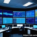 네트워크 유지보수 실무 경험담 - A modern network operations center with multiple large LED screens displaying real-time bandwidth us...