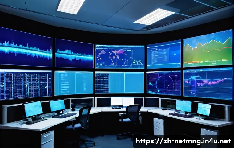 네트워크 유지보수 실무 경험담 - A modern network operations center with multiple large LED screens displaying real-time bandwidth us...