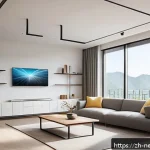 네트워크 성능 최적화 방법 - A modern, bright living room with a sleek Wi-Fi router placed centrally on a high shelf, surrounded ...