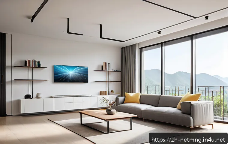 네트워크 성능 최적화 방법 - A modern, bright living room with a sleek Wi-Fi router placed centrally on a high shelf, surrounded ...