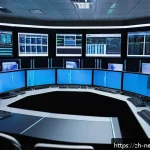 네트워크 관리자 직무 역량 개발 - A modern enterprise network control room with multiple large screens displaying real-time network tr...