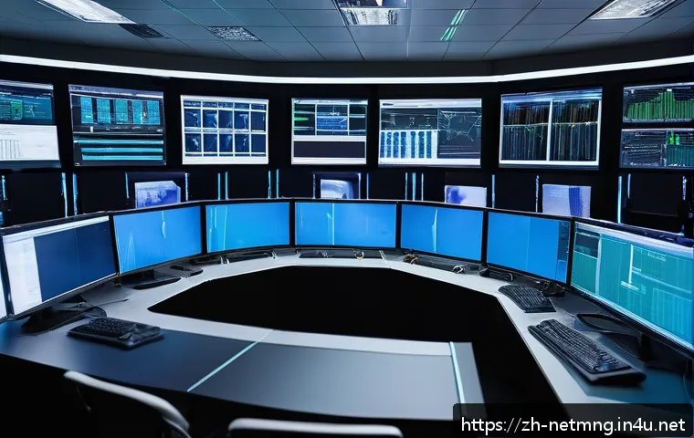 네트워크 관리자 직무 역량 개발 - A modern enterprise network control room with multiple large screens displaying real-time network tr...
